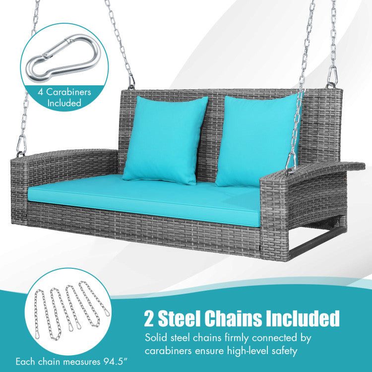 2-Person Patio PE Wicker Hanging Porch Swing Bench Chair Cushion 800 Pounds