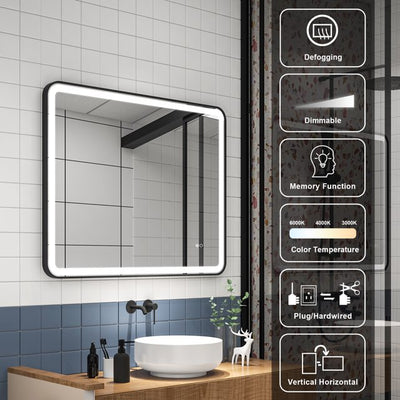 40 x 32 inch LED Bathroom Mirror, Wall Mounted Bathroom Vanity Framed Mirror with Dimmer, Anti-Fog
