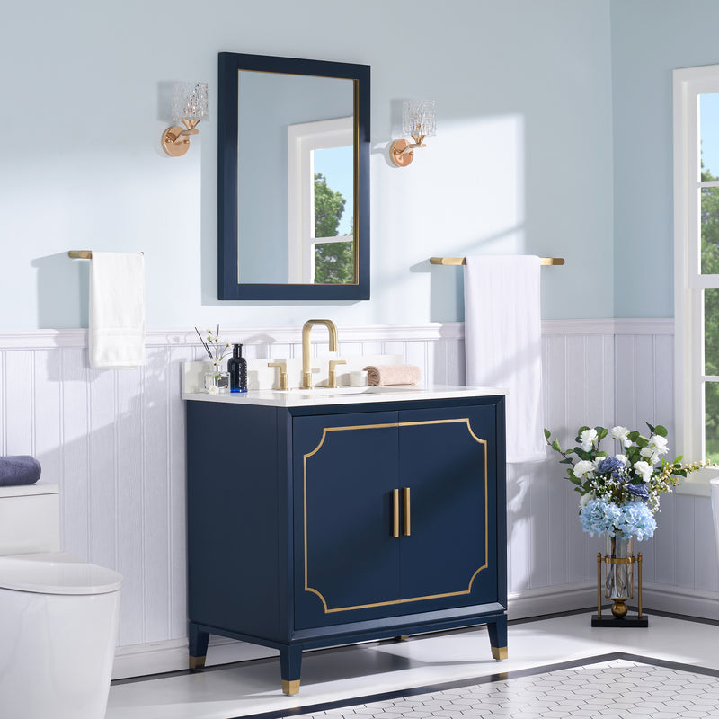 36 in. W x 22 in. D x 35 in. H Freestanding Bathroom Vanity in Navy Blue with Carrara White Quartz Vanity Top