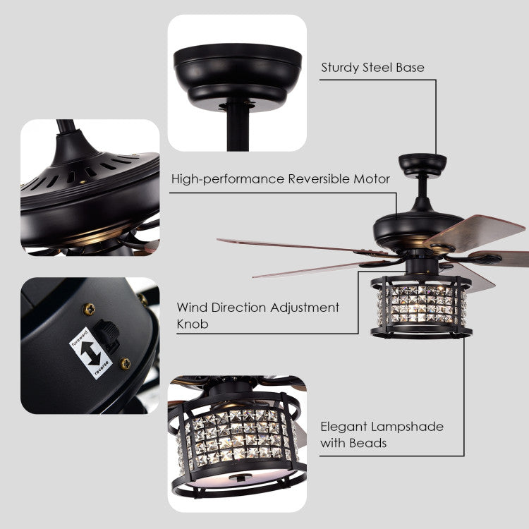 52 Inch 3-Speed Crystal Ceiling Fan Light with Remote Control