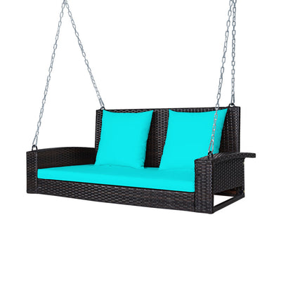 2-Person Wicker Hanging Porch Swing with 2 Back Cushions and 1 Seat Cushion