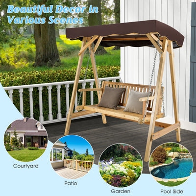 Patio Wooden Swing Bench Chair with Adjustable Canopy for 2 Persons