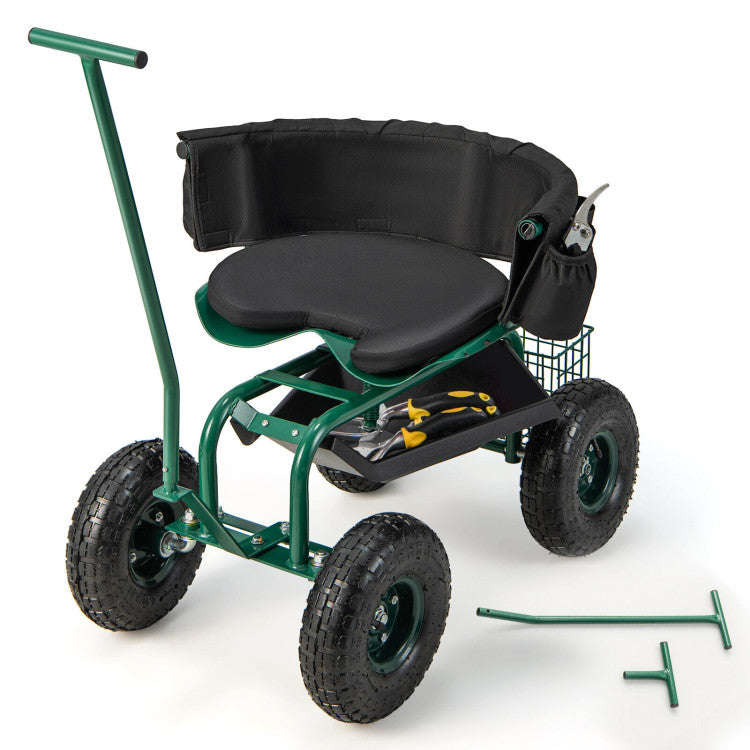 Rolling Garden Cart with Height Adjustable Swivel Seat and Storage Basket