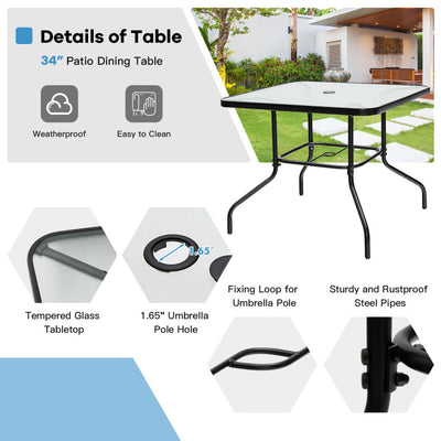 35 Inch Patio Dining Square Tempered Glass Table with Umbrella Hole