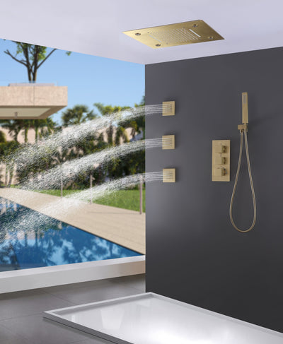 LED Thermostatic Shower System Ceiling Mounted Rainfall Shower Head And 3 Body Massager Jets