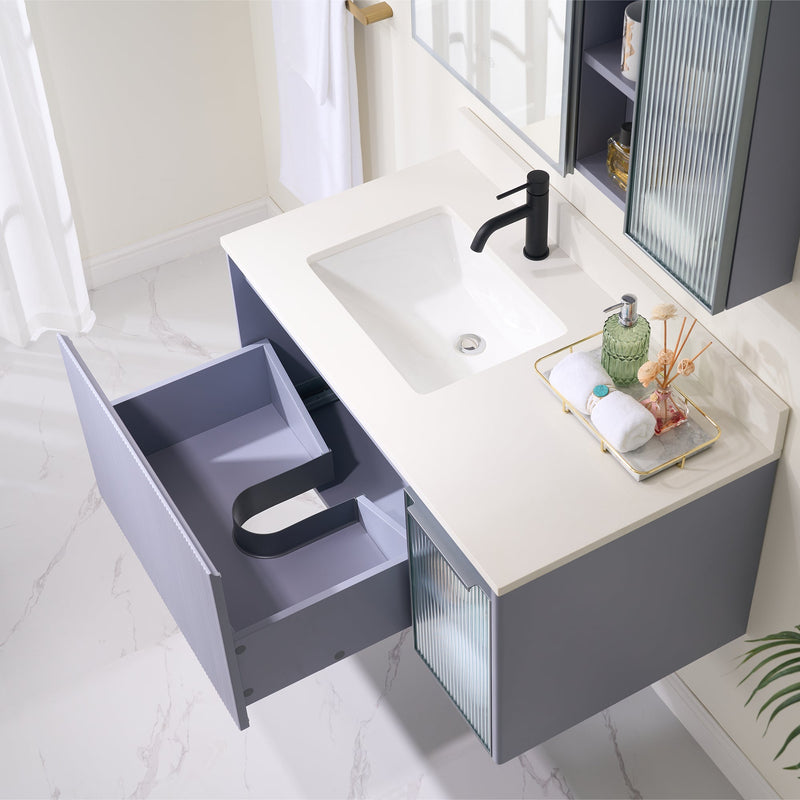 40 in. Modern Style Floating Bathroom Vanity in Lavender with White Carrara Quartz Vanity Top with White Sink