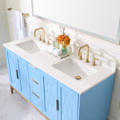 60 in. W x 22 in. D x 35 in. H Bathroom Vanity in Light Blue with Carrara White Quartz Vanity Top with White Sink