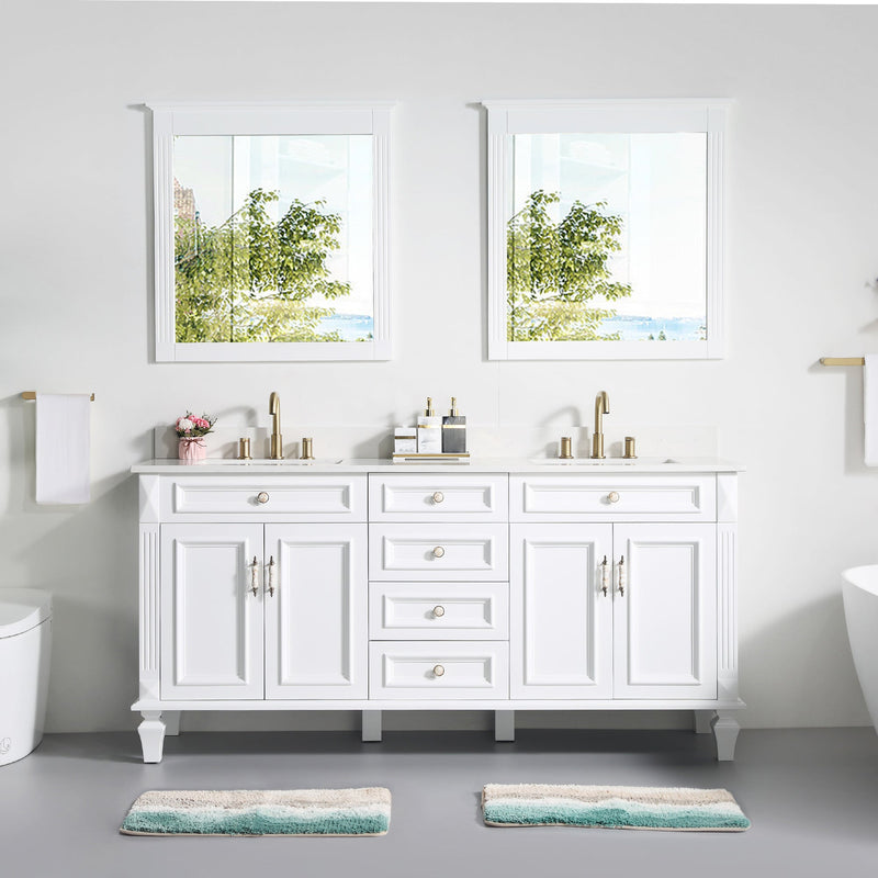 72inch White Single Sink Freestanding Solid Wood Bathroom Vanity Storage Organizer with Carrara White Quartz Countertop
