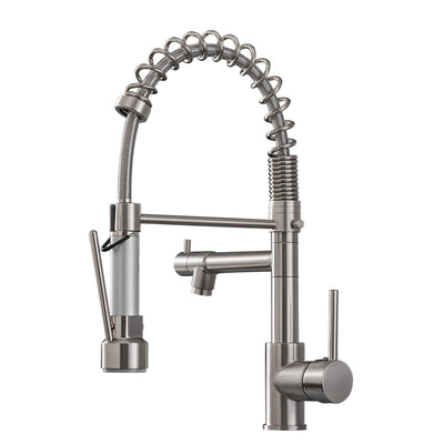 Spring Single Handle Deck Mount Low Arc Pull Down Sprayer Kitchen Faucet with Supply Line in Brushed Nicke