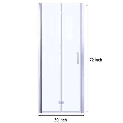 30inch W x 72inch H Folding Shower Door Semi-Frameless Hinged Chrome Shower Door with Handle