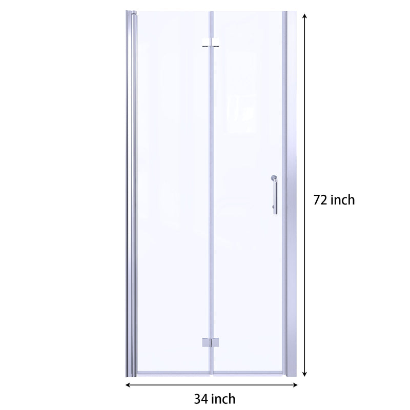 34inch W x 72inch H Folding Semi-Frameless Swing Hinged Shower Doors in Chrome