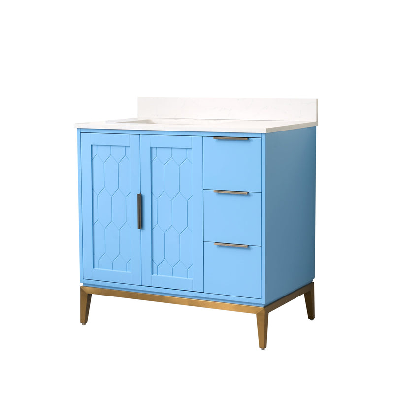 36 in. W x 22 in. D x 35 in. H Bathroom Vanity in Light Blue with Carrara White Quartz Vanity Top with White Sink