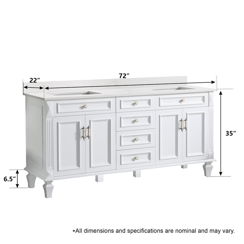 72inch White Single Sink Freestanding Solid Wood Bathroom Vanity Storage Organizer with Carrara White Quartz Countertop