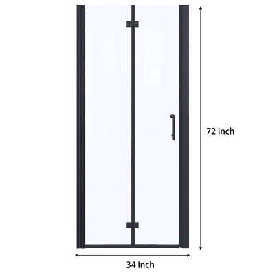 34inch W x 72inch H Folding Semi-Frameless Swing Hinged Shower Doors in Black
