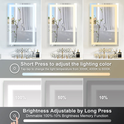 24 in. W x 36 in. H Frameless Rectangular LED Light Bathroom Mirror