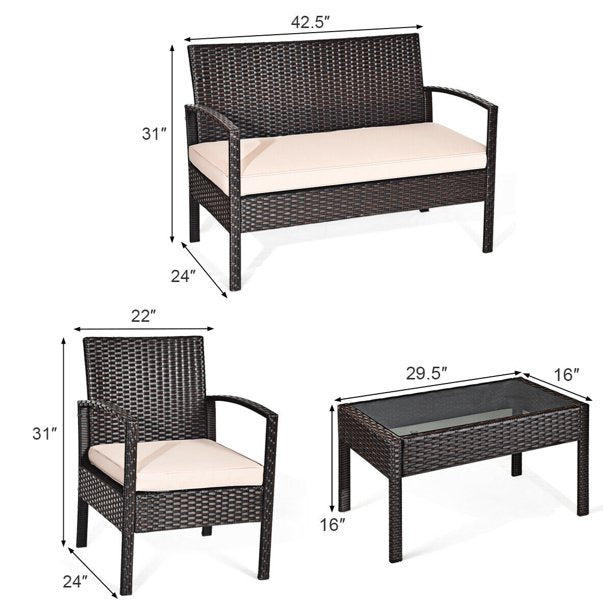 4 Pcs Patio Furniture Sets Rattan Chair Wicker Set Outdoor Bistro