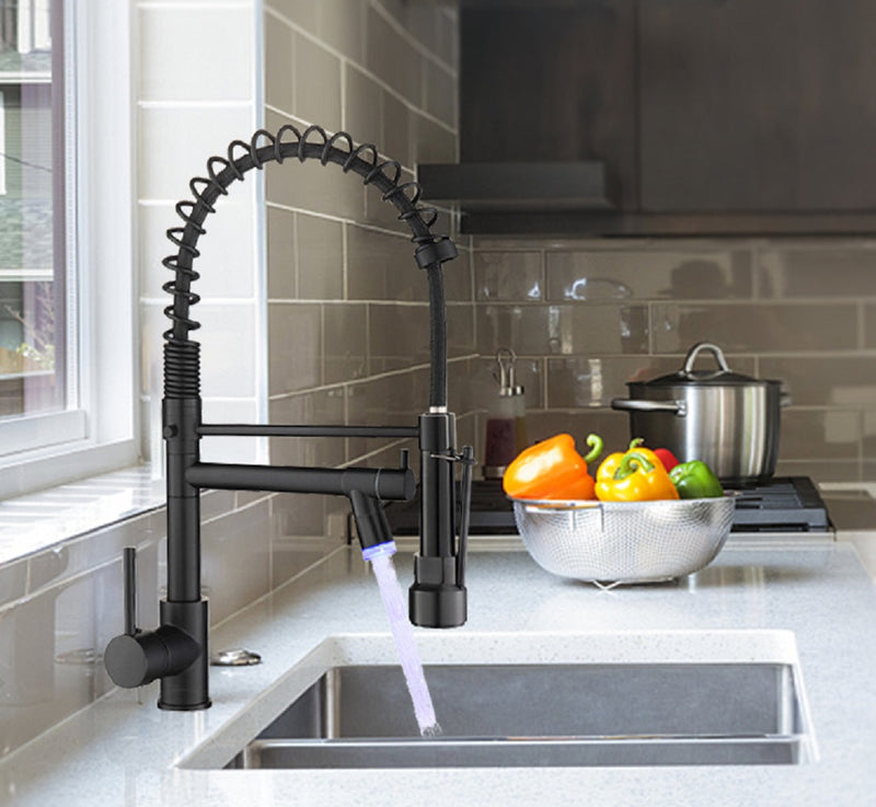 Single Handle Pull Down Sprayer Kitchen Faucet with 360℃ Rotation and LED Lights in Matte Black