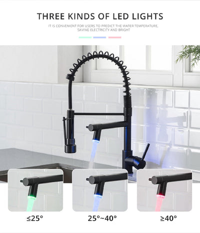 Single Handle Pull Down Sprayer Kitchen Faucet with 360℃ Rotation and LED Lights in Matte Black
