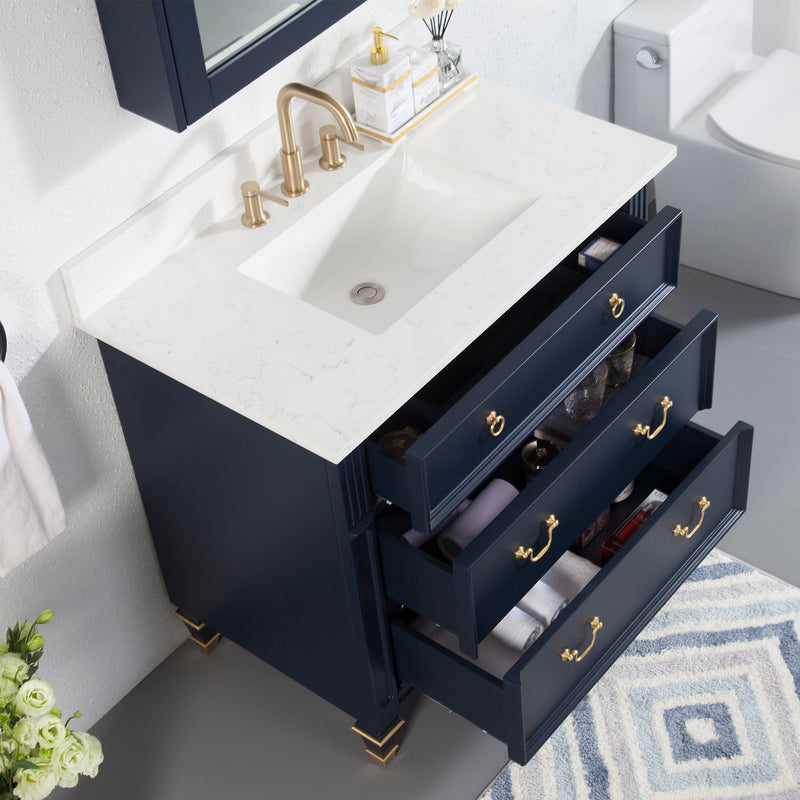 36inch Navy Blue Single Sink Freestanding Solid Wood Bathroom Vanity Storage Organizer with Carrara White Quartz Countertop