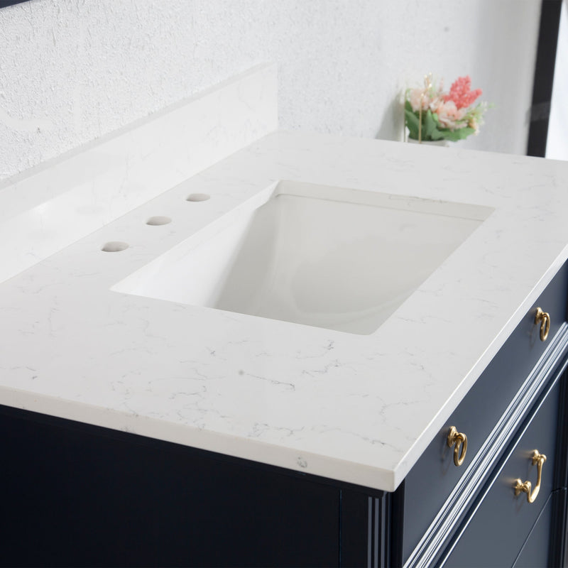 36inch Navy Blue Single Sink Freestanding Solid Wood Bathroom Vanity Storage Organizer with Carrara White Quartz Countertop