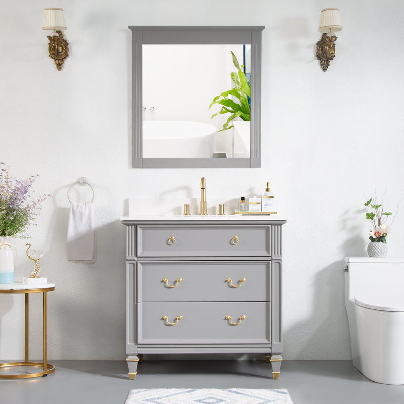 36inch Titanium Grey Single Sink Freestanding Solid Wood Bathroom Vanity Storage Organizer with Carrara White Quartz Countertop