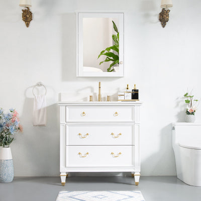 36inch White Single Sink Freestanding Solid Wood Bathroom Vanity Storage Organizer with Carrara White Quartz Countertop