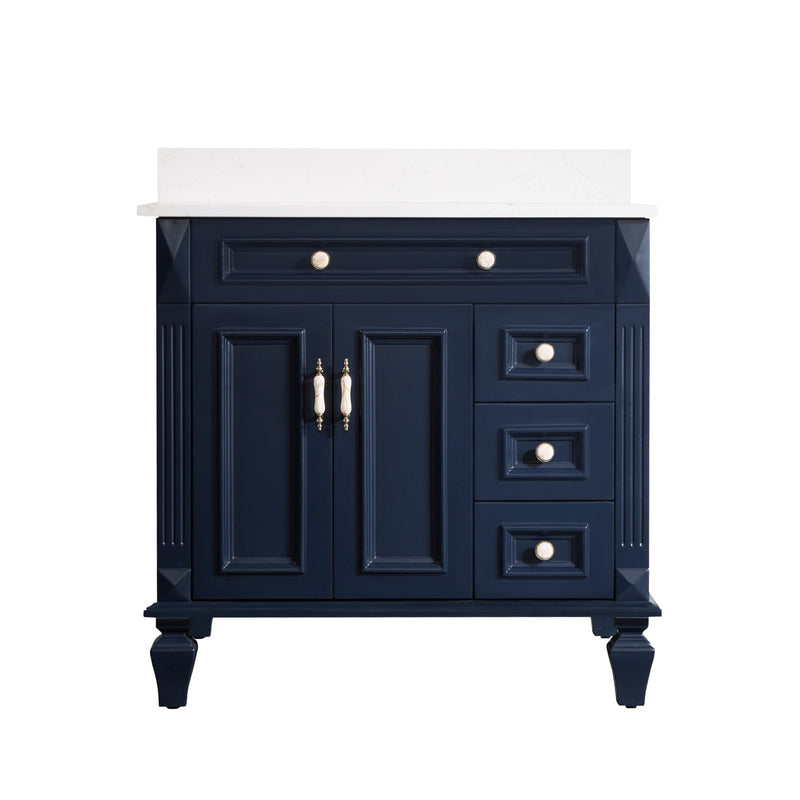 36inch Navy Blue Freestanding Solid Wood Bathroom Vanity Storage Organizer with Carrara White Quartz Countertop