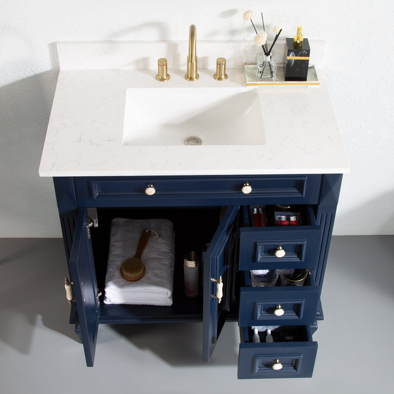 36inch Navy Blue Freestanding Solid Wood Bathroom Vanity Storage Organizer with Carrara White Quartz Countertop