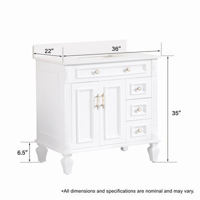 36inch White Freestanding Solid Wood Bathroom Vanity Storage Organizer with Carrara White Quartz Countertop