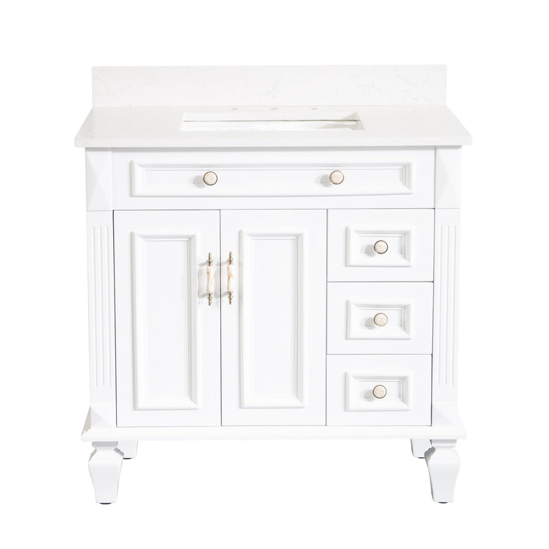 36inch White Freestanding Solid Wood Bathroom Vanity Storage Organizer with Carrara White Quartz Countertop