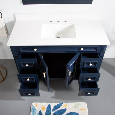48inch Navy Blue Single Sink Freestanding Solid Wood Bathroom Vanity Storage Organizer with Carrara White Quartz Countertop