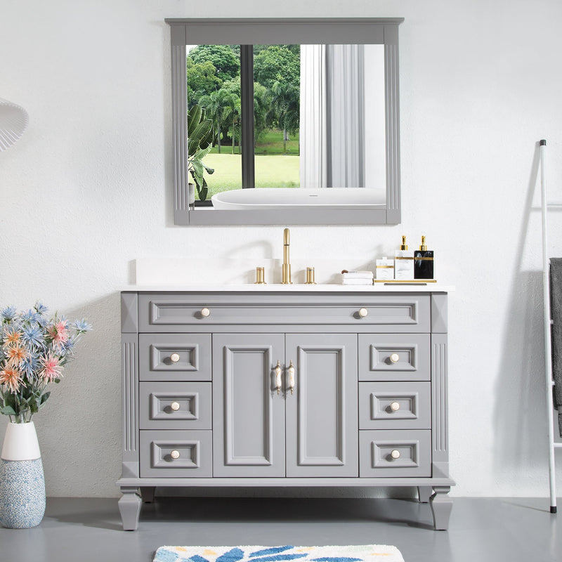 48inch Titanium Grey Single Sink Freestanding Solid Wood Bathroom Vanity Storage Organizer with Carrara White Quartz Countertop
