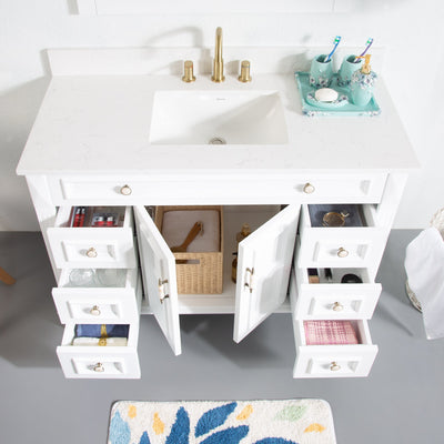 48inch White Single Sink Freestanding Solid Wood Bathroom Vanity Storage Organizer with Carrara White Quartz Countertop