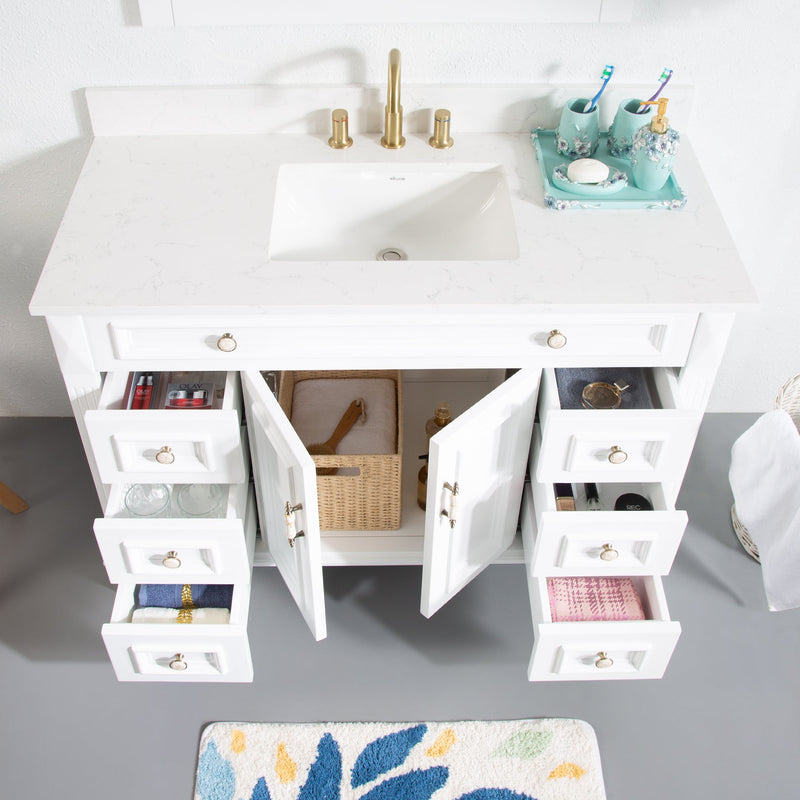 48inch White Single Sink Freestanding Solid Wood Bathroom Vanity Storage Organizer with Carrara White Quartz Countertop
