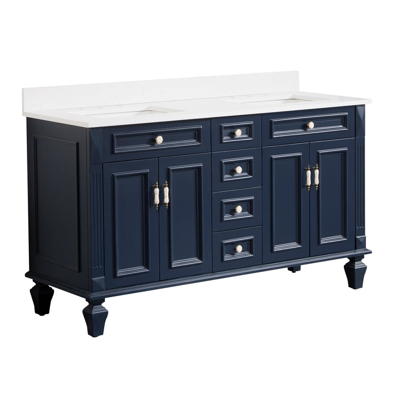 60inch Navy Blue Freestanding Solid Wood Bathroom Vanity Storage Organizer with Carrara White Quartz Countertop
