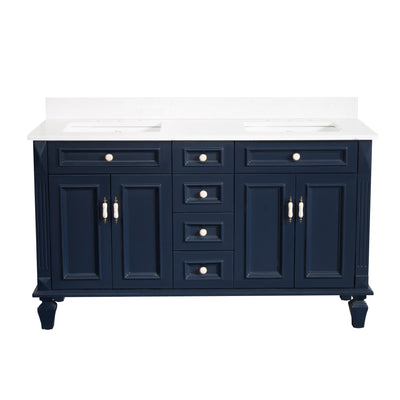 60inch Navy Blue Freestanding Solid Wood Bathroom Vanity Storage Organizer with Carrara White Quartz Countertop