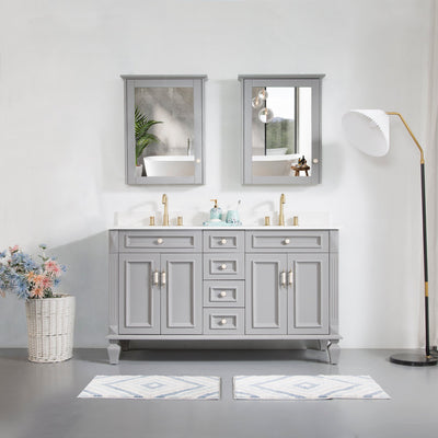 60inch Titanium Grey Freestanding Solid Wood Bathroom Vanity Storage Organizer with Carrara White Quartz Countertop