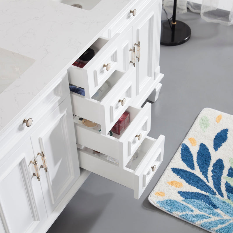 60inch White Freestanding Solid Wood Bathroom Vanity Storage Organizer with Carrara White Quartz Countertop