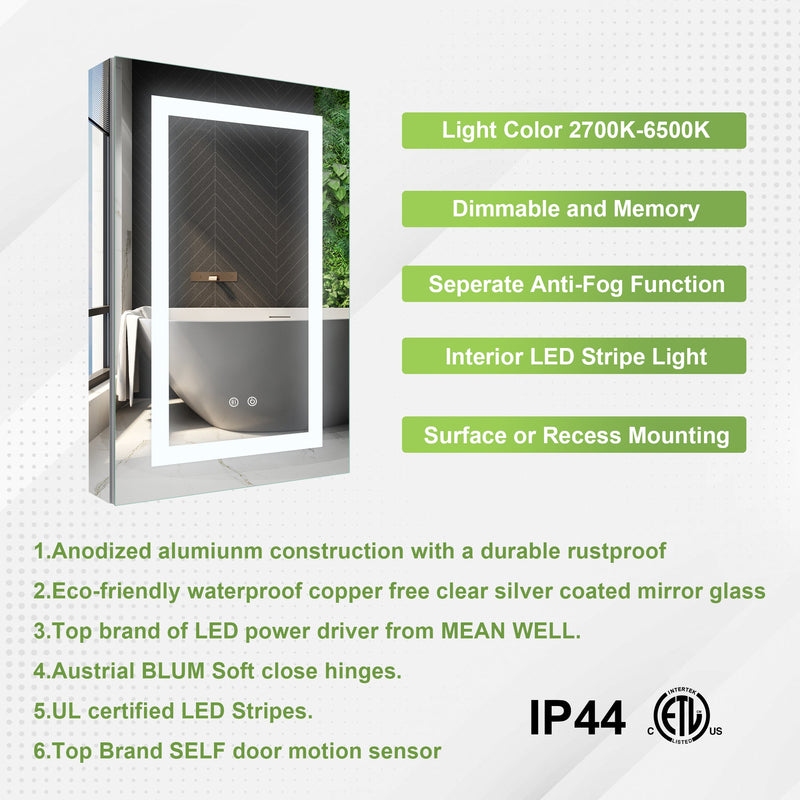 20-in x 30-in Lighted LED Surface/Recessed Mount Silver Mirrored Rectangle Medicine Cabinet with Outlet left Side