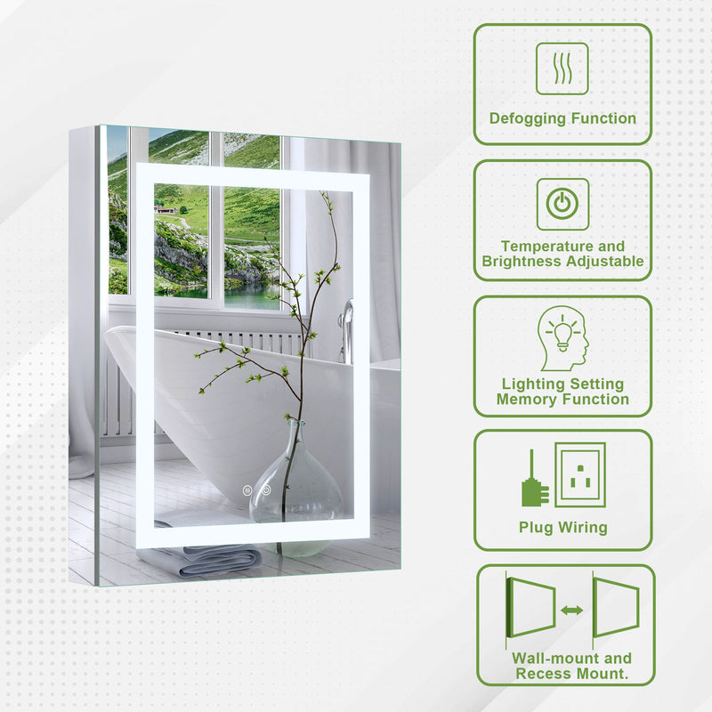 24-in x 30-in Lighted LED Surface/Recessed Mount Silver Mirrored Rectangle Medicine Cabinet with Outlet left Side