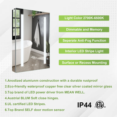 20-in x 30-in Lighted LED Surface/Recessed Mount Mirrored Rectangle Medicine Cabinet with Outlet left Side