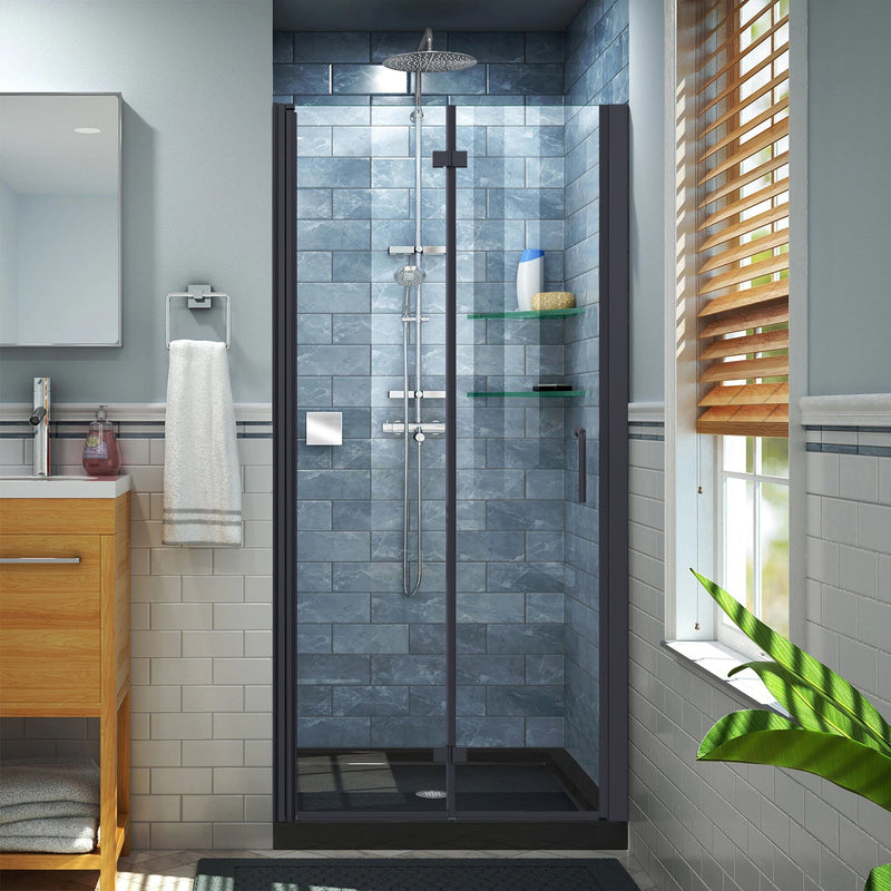 36-37 1/2inch W x 72inch H Bifold Semi-Frameless Swing Shower Door in Black 36 Wide Shower Door
