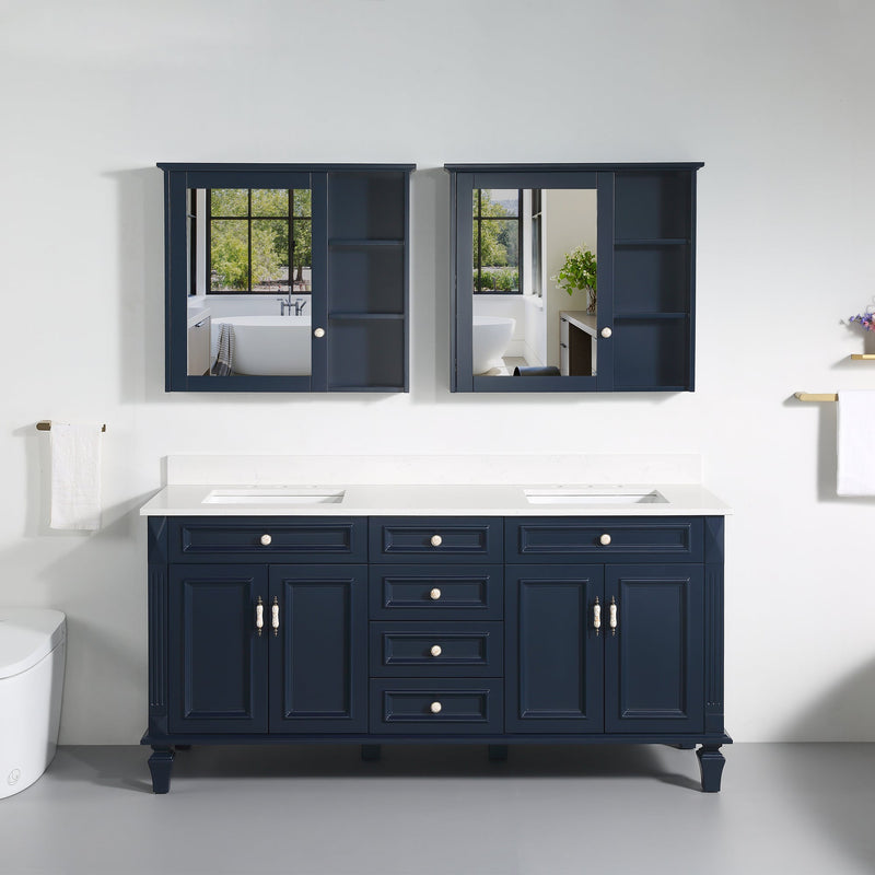 72inch Navy Blue Freestanding Solid Wood Bathroom Vanity Storage Organizer with Carrara White Quartz Countertop
