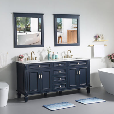 72inch Navy Blue Freestanding Solid Wood Bathroom Vanity Storage Organizer with Carrara White Quartz Countertop