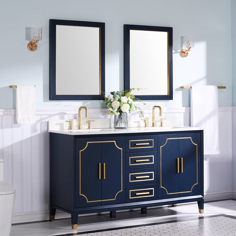 60 in. W x 22 in. D x 35 in. H Freestanding Bathroom Vanity in Navy Blue with Carrara White Quartz Vanity Top