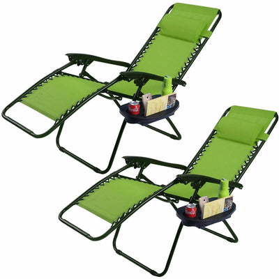 Set of 2 Folding Adjustable Lounge Chair with Removable Pillow and Cup Holder Tray