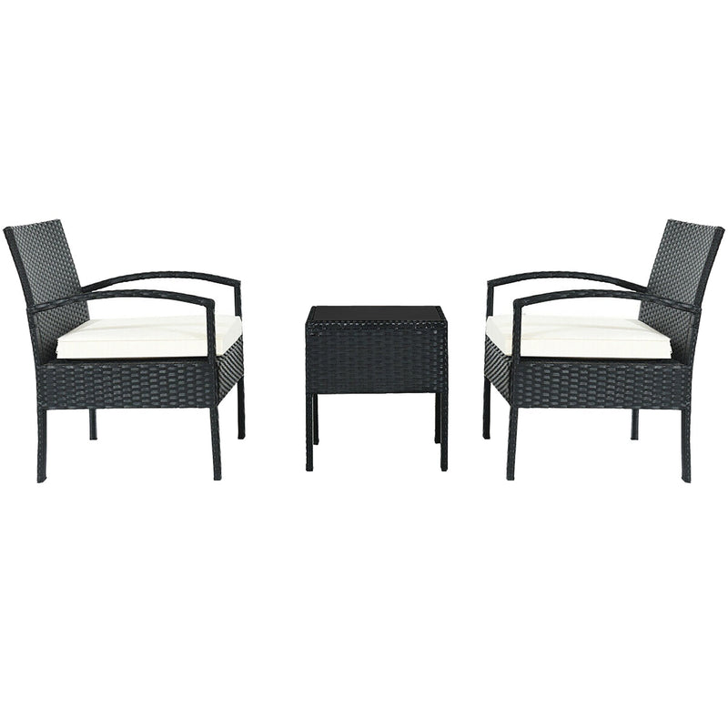 3 Pieces Black Outdoor Rattan Bistro Set with Glass Table and Cushions