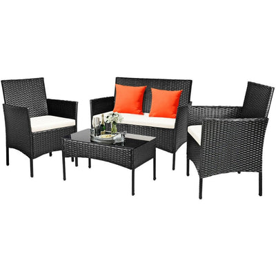 4 Pcs Patio Rattan Cushioned Sofa Furniture Set with Tempered Glass Coffee Table