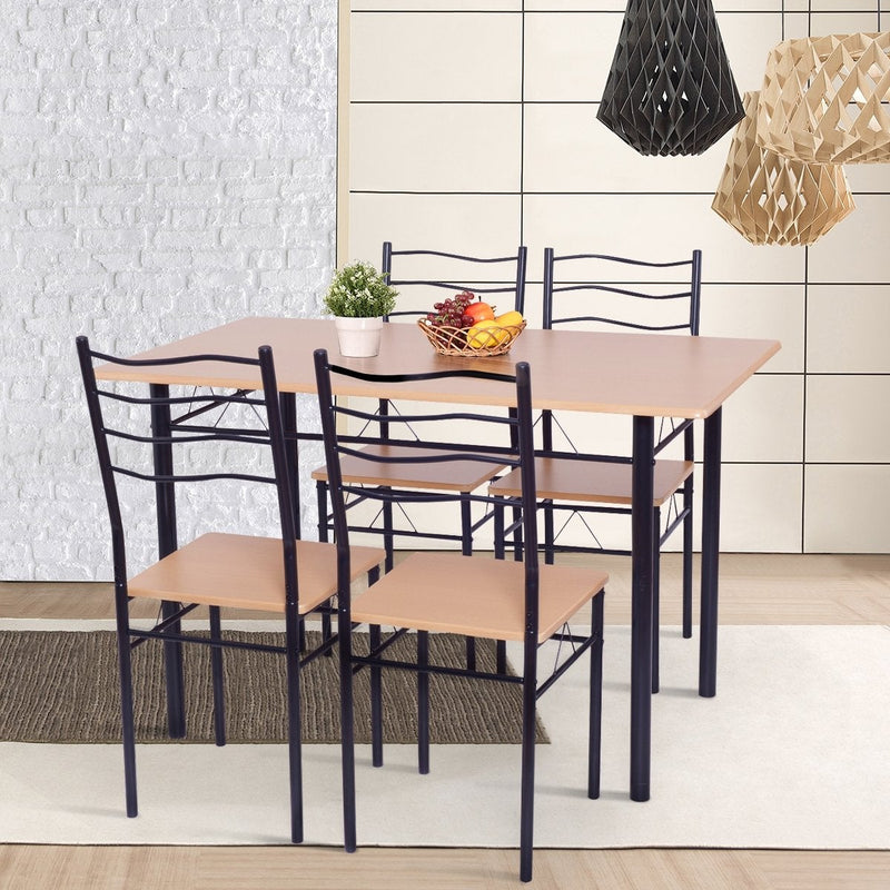 5 Pcs Wood Metal Dining Table Set with 4 Chairs