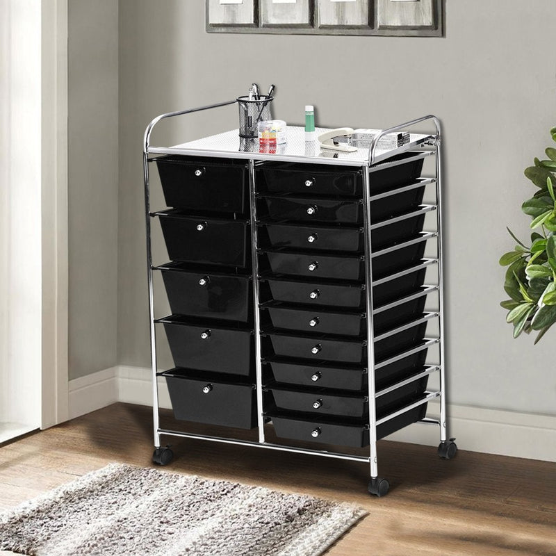Rolling Storage Cart and Organizer with 15 Plastic Drawers